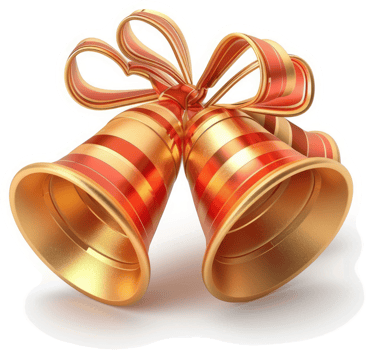 Two golden Christmas bells with a red ribbon. png
