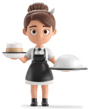 Cheerful cartoon waitress carrying food and a platter. png