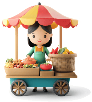 Cute cartoon girl operates a colorful fruit and vegetable stand. png