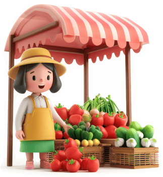 Cheerful vendor displays fresh produce at a market stall. png