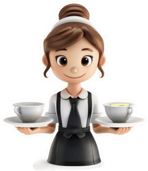 Smiling cartoon waitress balanced trays of beverages. png