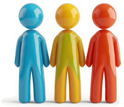Three colorful figures stand together in a row. png