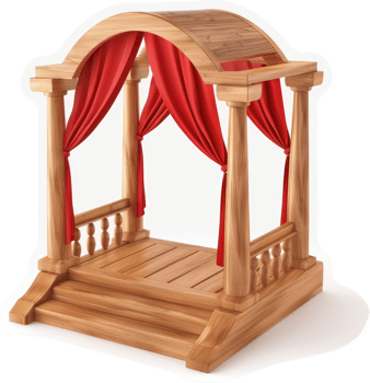 Ornate wooden gazebo with red drapes. png
