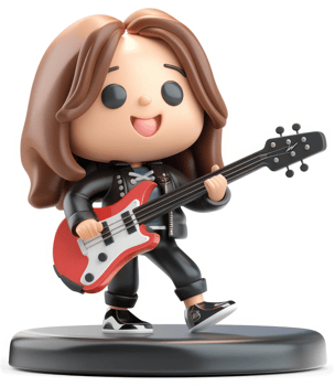 Cheerful cartoon girl character playing an electric guitar. png