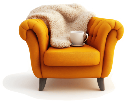 Orange armchair with a blanket and cup of coffee. png