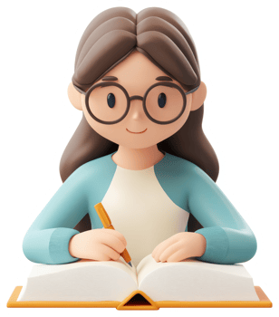 Cartoon girl with glasses studies from an open book. png