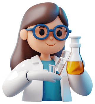 Smiling female scientist holds lab equipment. png