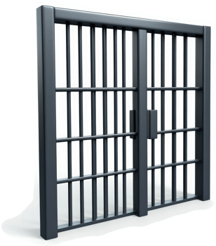 Dark metal prison double doors signify confinement. png