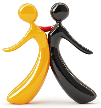 Two stylized figures embrace, representing unity and diversity. png