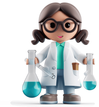 A cheerful cartoon scientist holds beakers filled with turquoise liquid. png