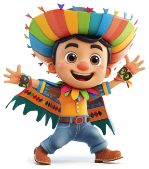 Cheerful cartoon boy in vibrant Mexican attire. png