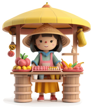 Cheerful girl operates a vibrant fruit and snack stand. png