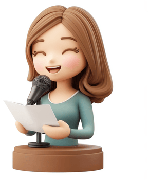 Animated female character delivering a speech. png