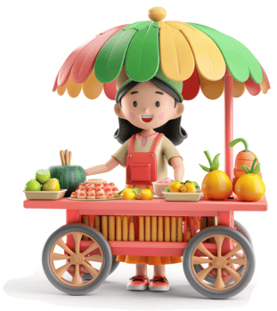 Cheerful girl operates a vibrant street food cart. png