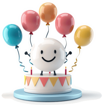 Happy cartoon character on a birthday cake with colorful balloons. png