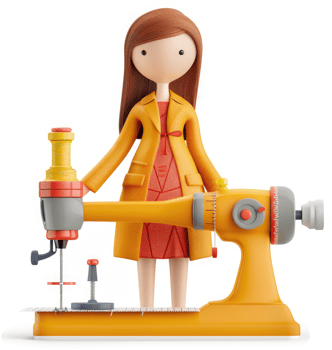Stylish female tailor stands beside her vibrant sewing machine. png