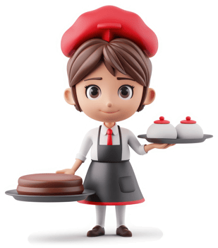 Smiling cartoon chef girl presents a tray of treats. png