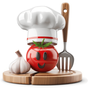 Smiling tomato chef with cooking utensils. png