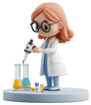 Cute cartoon scientist conducts experiments with lab equipment. png