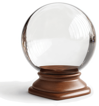 Transparent crystal ball rests on a wooden pedestal. png