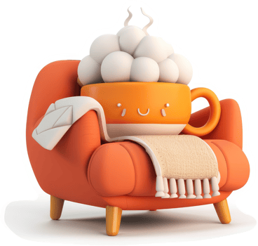 Cozy cartoon coffee cup rests in an armchair. png