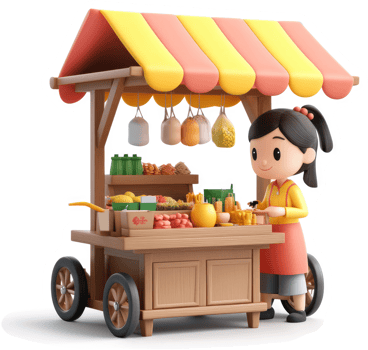 Colorful street food cart with a young vendor. png