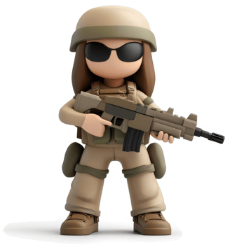 Cartoon soldier woman in tactical gear, holding an assault rifle. png