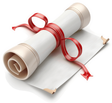 Rolled-up diploma with red ribbon. png