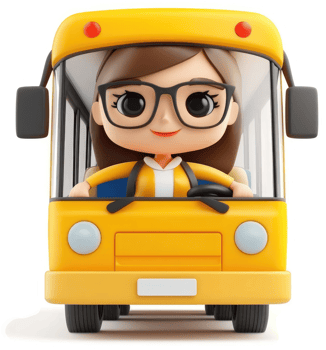 Smiling female character driving a bright yellow school bus. png