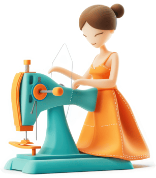 Cartoon woman operating a teal sewing machine. png