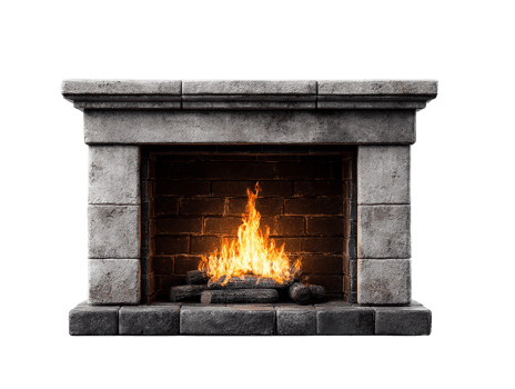 A cozy fireplace with a warm glowing flame for inviting atmosphere. png