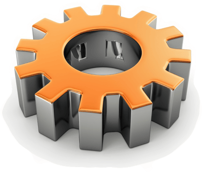 Illustrative metallic gear component with vibrant orange accents. png