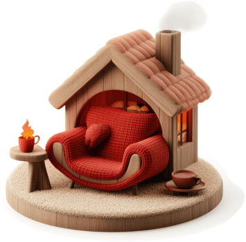 Cozy wooden cabin with a red armchair and warm drinks. png