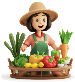 Smiling farmer girl displays fresh harvest in a basket. png