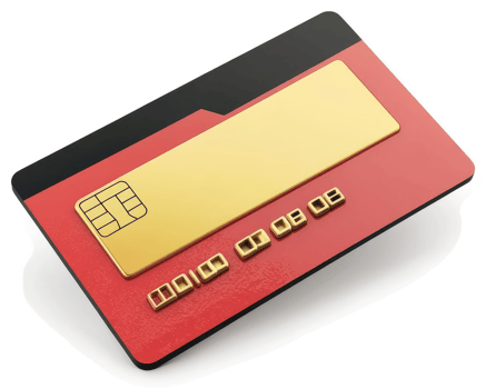 Red credit card with gold stripe, angled view. png