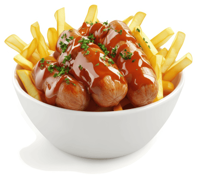 Savory fried sausages and french fries in a white bowl. png