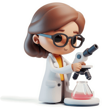 Cute cartoon scientist observes a beaker with a microscope. png