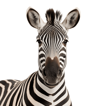 A close up portrait of a zebra with black and white stripes looking directly at the camera view point png
