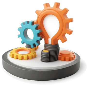Interconnected gears and a lightbulb symbolizing innovative solutions. png