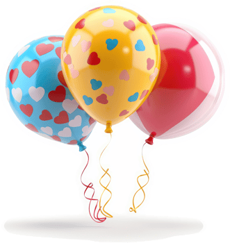 Three colorful heart-patterned balloons float in the air. png