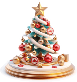 Festive Christmas tree ornament display on a decorative base. png