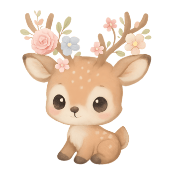 Cute cartoon chibi animal deer with floral antlers transparent background charming forest scene whimsical design png