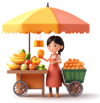 Cartoon depiction of a friendly street vendor selling fruits. png