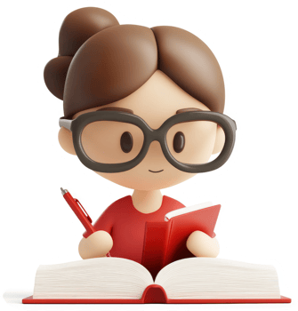 Smiling girl with glasses reads a book. png