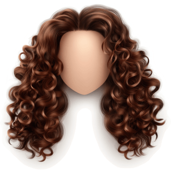 Curly auburn wig displays voluminous tresses. png
