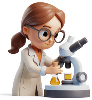 Cartoon female scientist examines a specimen under a microscope. png