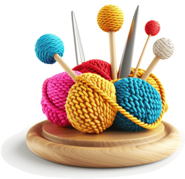 Colorful yarn balls and needles arranged on a wooden base. png
