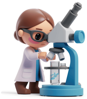Female scientist examines specimen with a microscope. png