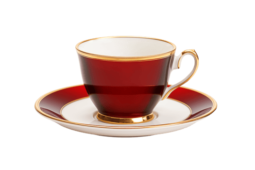 A burgundy teacup and saucer with gold trim sitting on a transparent background in a studio setting png
