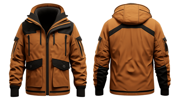 Front and back view of a brown winter jacket with black accents and a hood on a transparent background png